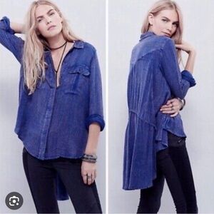 Free People “One of the Guys” Blue Button Down Waffle Shirt